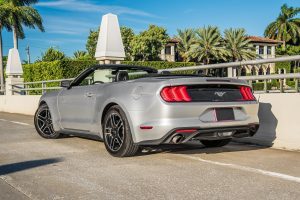 grey ford mustang rear left side view