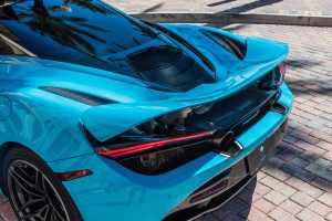blue mclaren 720s rear view