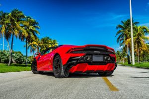 red lamborghini huracán evo rear left side view