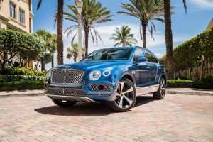 blue bentley bentayga front view
