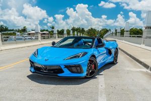 blue corvette c8 front view