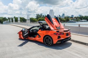 convertible orange corvette c8 sport car rental in Miami Beach, FL