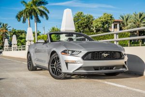 image of grey ford mustang being rented in Miami Beach