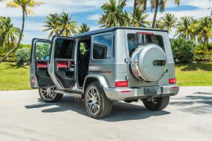 image of back side of grey mercedes benz g63 that is being rented in Miami by Rent & Paradise Exotic & Luxury Rental