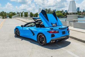 blue corvette c8 back view