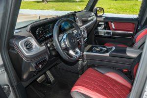 silver mercedes benz g63 red driver seat