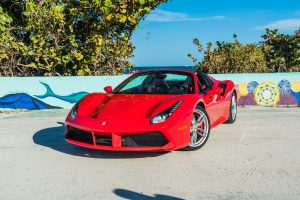 image of front of Ferrari for rent on Miami beach