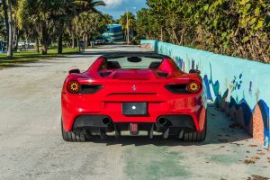 image of back of Ferrari for rent on Miami beach