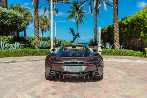 Image of back side of grey Mclaren 570s rental in Miami Beach by Rent & Paradise Exotic & Luxury Car Rental.