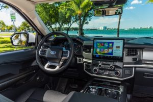 interior of Ford Expedition with view of Biscayne Bay in Miami