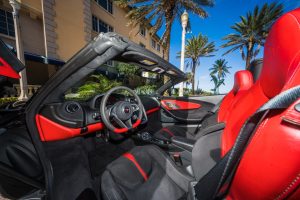 Image of interior of grey Mclaren 570s rental in Miami by Rent & Paradise Exotic & Luxury Car Rental.