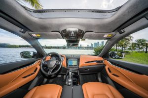 Maserati Levante Q4 interior of front seats with a view of Miami Beach FL skyline